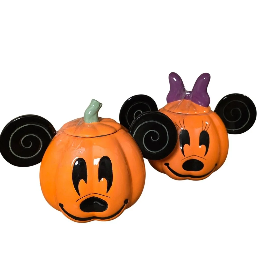 Disney Halloween Mickey & Minnie Mouse Pumpkin Ceramic Jar Cookie Jar Set